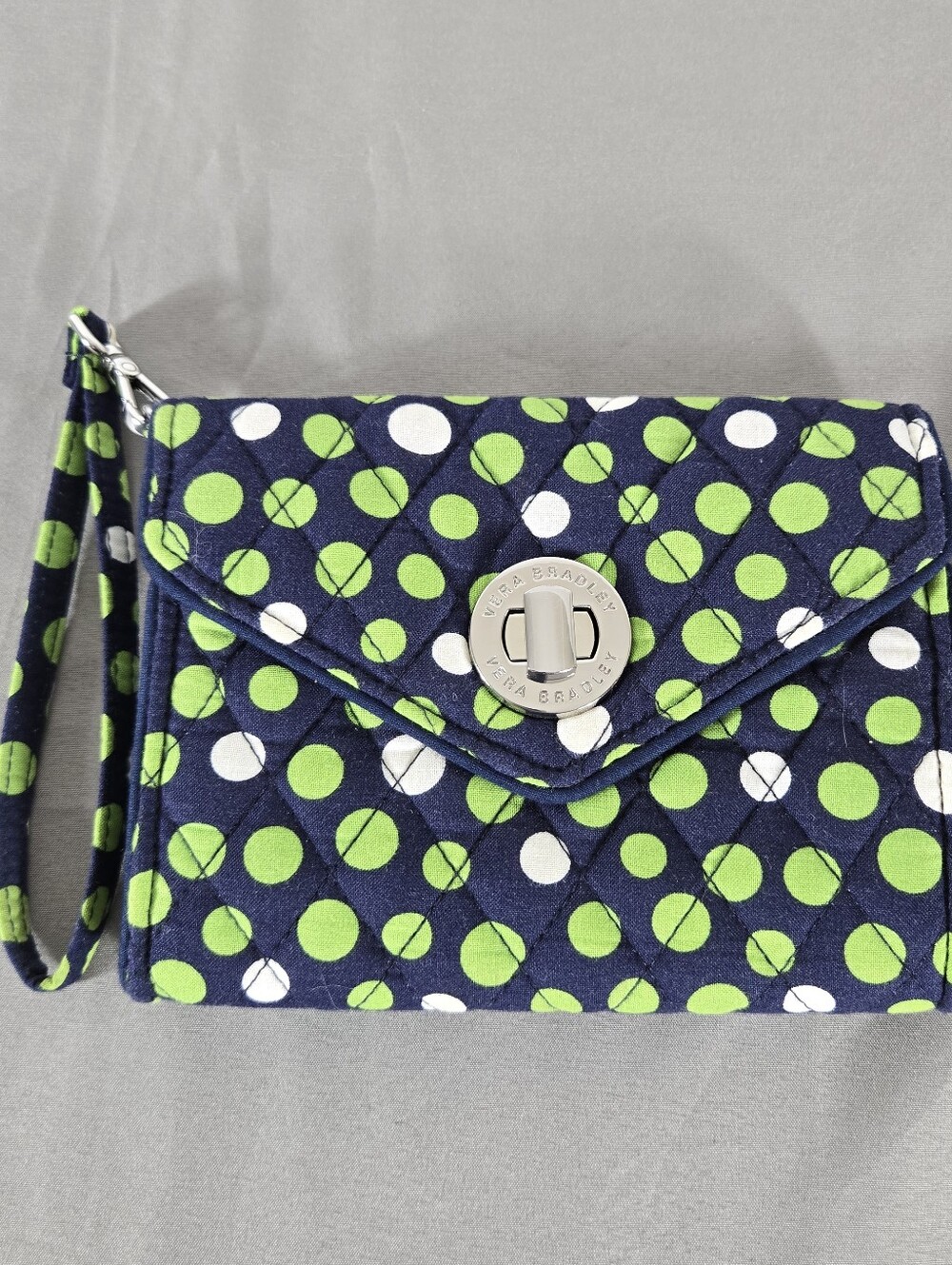 Vera Bradley Navy Green White Polka Dot Quilted Wristlet Clutch
